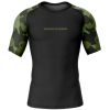 Violence in Silence Rash Guard front view with black body, green camo sleeves and front text design