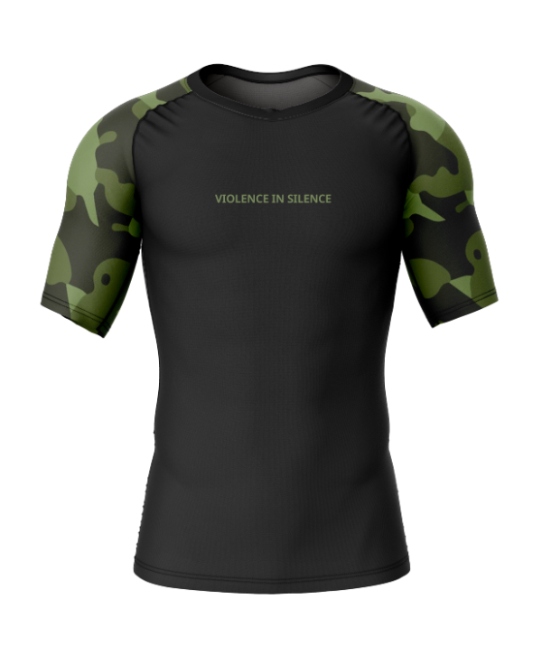 Violence in Silence Rash Guard front view with black body, green camo sleeves and front text design