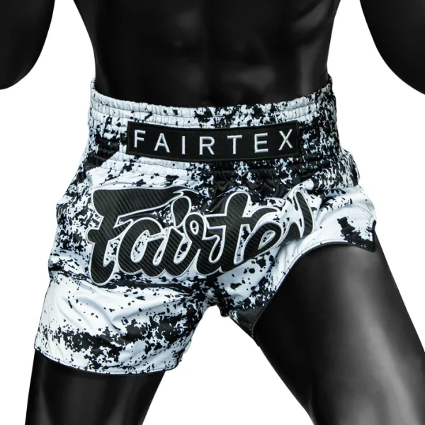 Model wearing Fairtex BS1948 Grunge Muay Thai Shorts White front view