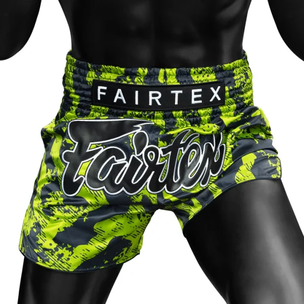 Model wearing Fairtex BS1955 Raptor Muay Thai Shorts front