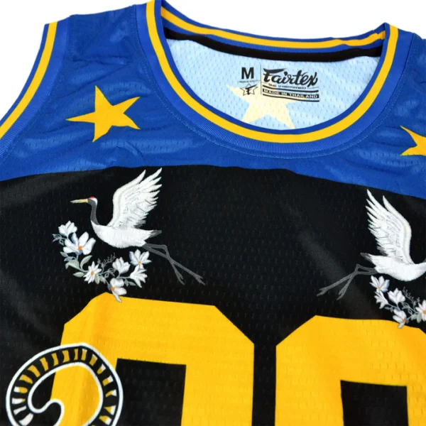fairtex-js47-basketball-jersey-black-3 Fairtex JS47 Basketball Jersey Black front detail crane tiger print close up
