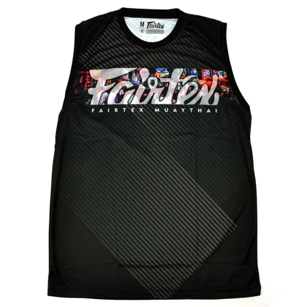 fairtex-mtt40-tank-top-pattaya-nightlife-black Fairtex MT40 Tank Top front view lightweight polyester training vest