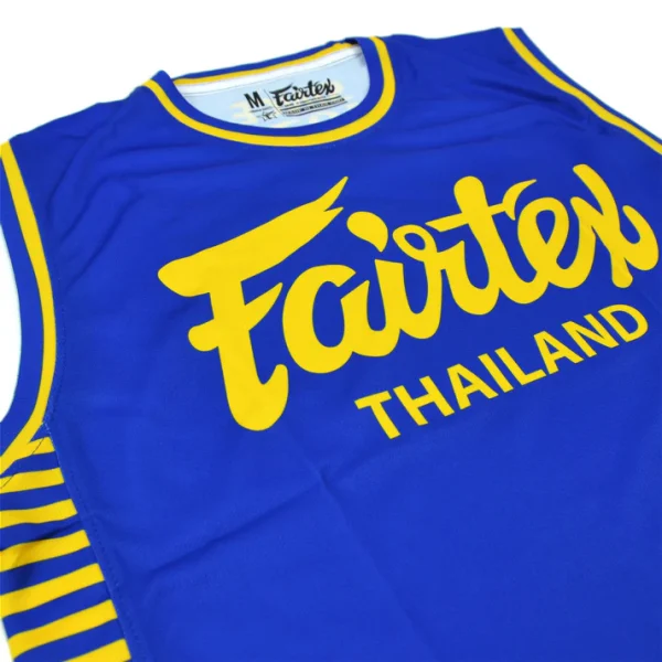 fairtex-mtt42-tank-top-blue-yellow-3 Fairtex MT42 Tank Top logo detail close up print and fabric texture