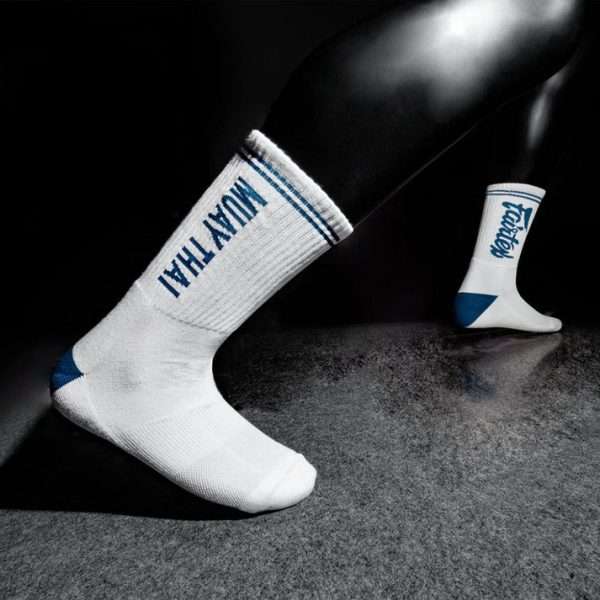 Fairtex Sports Socks White Navy close-up training action movement