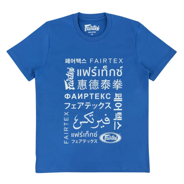 fairtex-tst313-cotton-t-shirt-fairtex-worldwide-blue Fairtex TST313 Worldwide T-Shirt front view multi-language Fairtex design