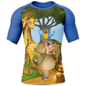 Rashtag Little Beasts Kids Rash Guard front view with blue sleeves and lion, elephant, giraffe and orangutan animal design