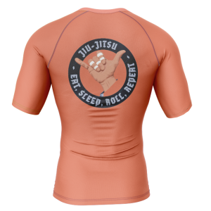 Rashtag Terracotta Shaka Jiu Jitsu rashguard with Eat Sleep Roll Repeat shaka graphic