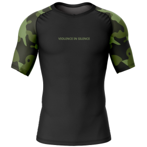 Violence in Silence Rash Guard front view with black body, green camo sleeves and front text design