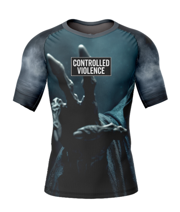 Rashtag Reaper Controlled Violence Rash Guard front view with Controlled Violence chest print