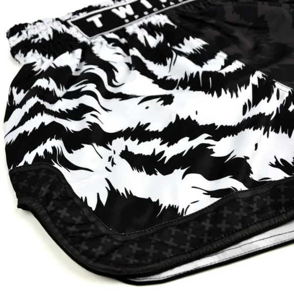 twins-special-muaythai-shorts-jungle-black-white-3 Twins Special Jungle Muay Thai Shorts left side detail view