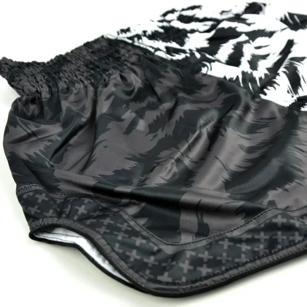 twins-special-muaythai-shorts-jungle-black-white-4 Twins Special Jungle Muay Thai Shorts right side detail view