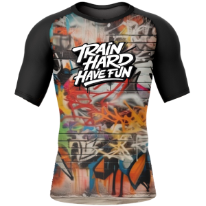 Rashtag Graffiti Rash Guard front view with graffiti design body and black sleeves