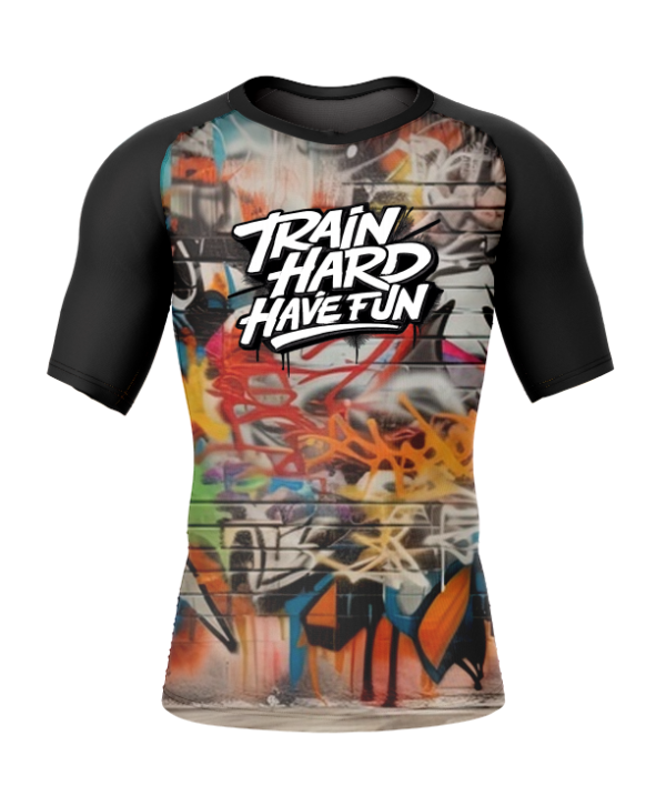 Rashtag Graffiti Rash Guard front view with graffiti design body and black sleeves