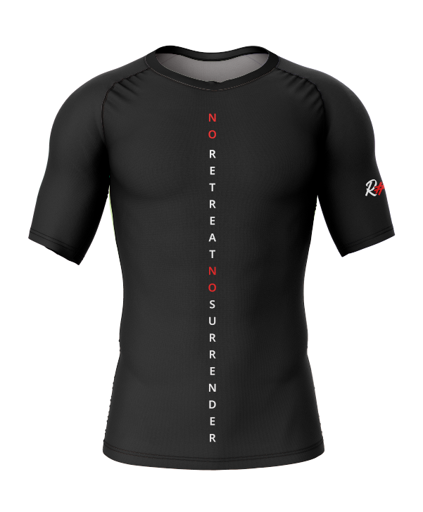 Rashtag No Retreat No Surrender Rash Guard front view with text design