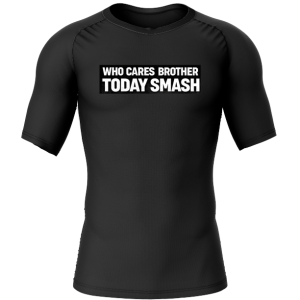 Rashtag Who Cares Brother Rash Guard front view with quote design