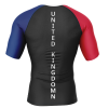 Rashtag Union Jack UK Rash Guard back view with vertical UNITED KINGDOM text design for MMA, no-gi BJJ, wrestling, and combat sports training
