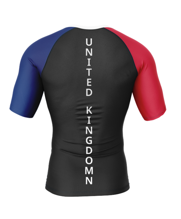 Rashtag Union Jack UK Rash Guard back view with vertical UNITED KINGDOM text design for MMA, no-gi BJJ, wrestling, and combat sports training