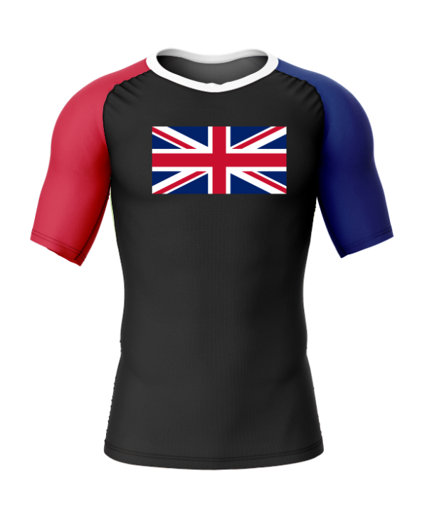 Rashtag Union Jack UK Rash Guard front view with Union Jack flag on the chest and red white and blue sleeves for MMA, no-gi BJJ, wrestling, and combat sports