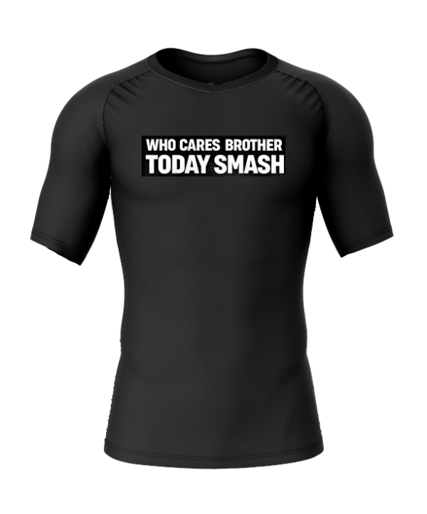 Rashtag Who Cares Brother Rash Guard Rashtag Who Cares Brother Rash Guard front view with quote design