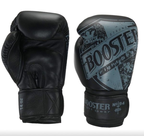 Booster Pro Shield Boxing Gloves in Black/Grey designed for MMA, Muay Thai and kickboxing, built for high-performance combat sports training