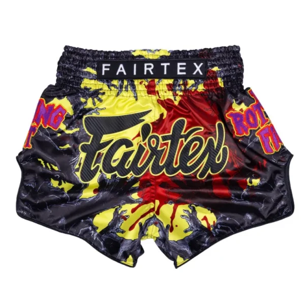 Fairtex BS-Halloween Rotting Fist Muay Thai Shorts in Black – front view Fairtex BS-Halloween Rotting Fist Muay Thai Shorts in Black/Red/Yellow – front view