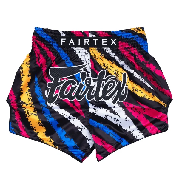 Fairtex BS1956 Colourful Muay Thai Shorts in Black – front view Fairtex BS1956 Colourful Muay Thai Shorts in Multi-coloured – front view