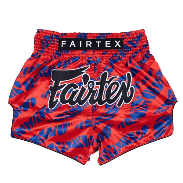 Fairtex Tiger Print Muay Thai Shorts in Red/Blue – front view
