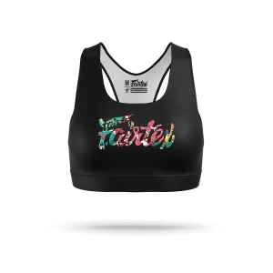 Fairtex SB8 Urface Script Sports Bra in Black – front view Fairtex SB8 Urface Script Sports Bra in Black – front view