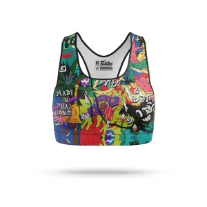 Fairtex SB9 Urface Full Print Sports Bra in Black/White – front view Fairtex SB9 Urface Full Print Sports Bra in Multi-coloured – front view