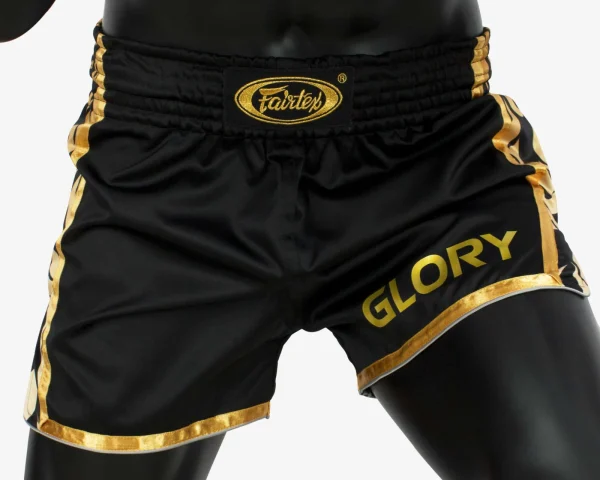 Fairtex BSG1 Glory Fight Shorts in Black/Gold – front view Fairtex BSG1 Glory Fight Shorts in Black/Gold – front view