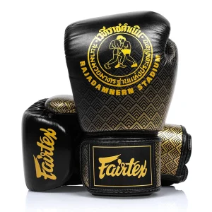 Fairtex Rajadamnern Premium Boxing Gloves in Black/Gold – front view