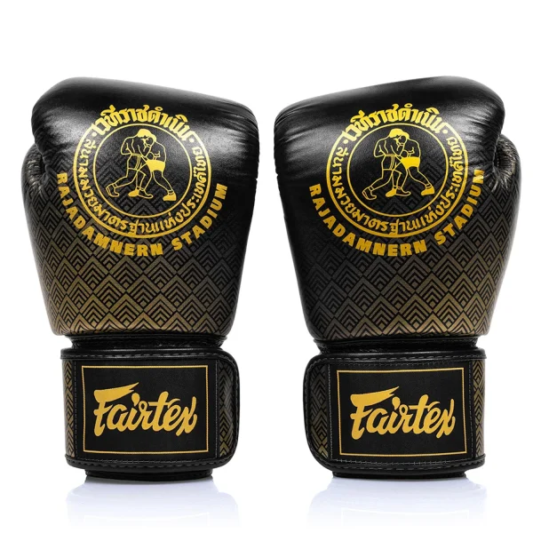 Fairtex Rajadamnern Premium Boxing Gloves in Black – view 2 Fairtex Rajadamnern Premium Boxing Gloves in Black/Gold – view 2